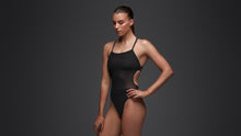 Load image into Gallery viewer, Womens Banded Mesh Up One Piece Still Black
